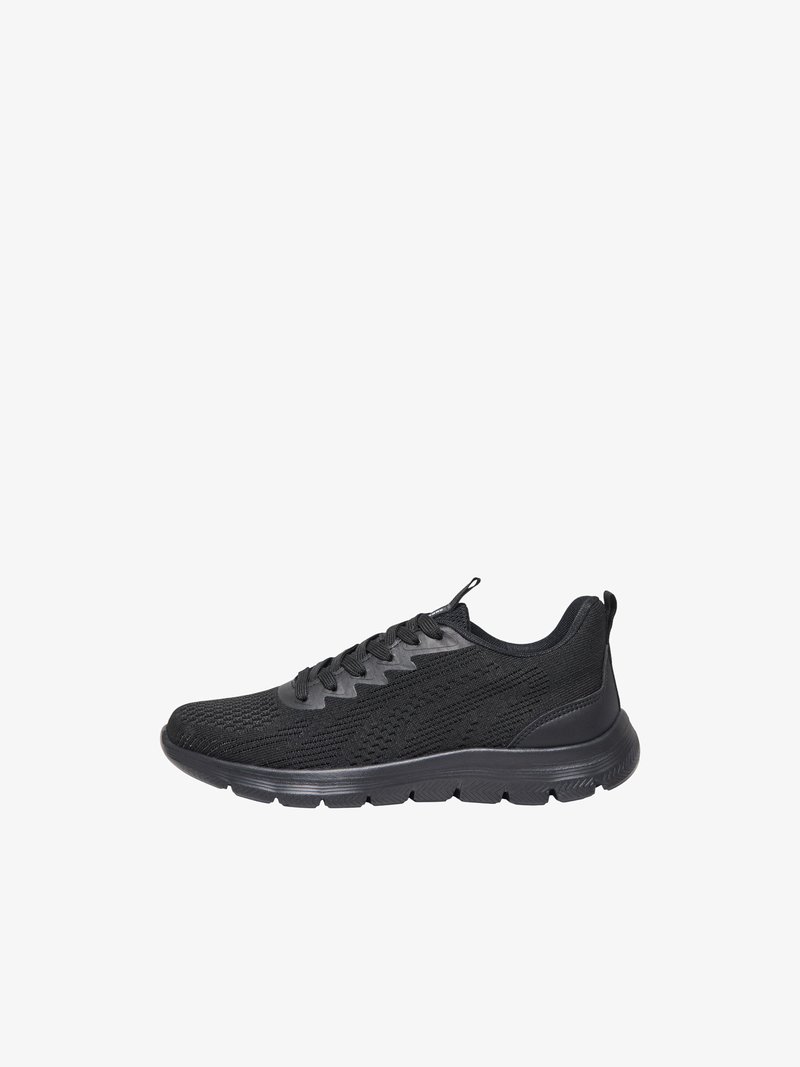 Chaussure de sport légère noire avec tige en mesh, fermeture à lacets et semelle épaisse rembourrée, conçue pour la course ou un usage décontracté.