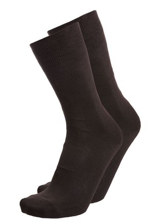 Black cotton socks with a reinforced toe and heel. Features a ribbed cuff for secure fit. Standard crew length with a smooth texture.