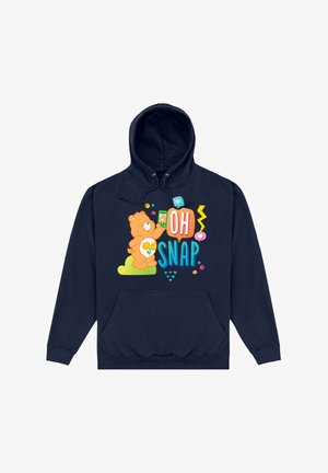 Navyblaues Hoodie mit einem Cartoon-Bären-Design, der ein Telefon hält, mit dem Text "OH SNAP" und bunten Akzenten. Mischgewebe aus Baumwolle mit einer Vordertasche.