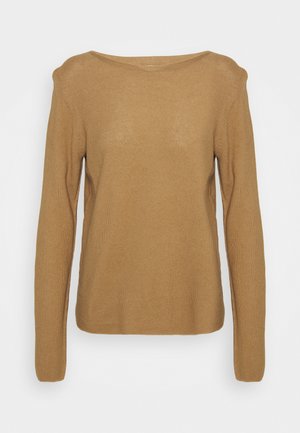 Brauner Strickpullover mit rundem Halsausschnitt, langen Ärmeln und lockerer Passform. Aus weichem, leichtem Material mit strukturierter Oberfläche gefertigt.