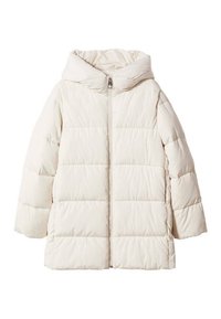 Bílá péřová bunda s kapucí, se zipem a prošívaným designem. Měkká, hladká textura a rukávy střední délky.