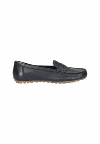 Marineblaue Leder-Mokassin-Ballerinas mit abgerundetem Zeh, strukturiertem Finish und elastischen Akzenten. Helle Gummisohle mit kleinen Noppen.