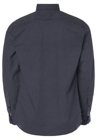 Camicia a maniche lunghe di colore blu navy con un motivo a micropuntini bianchi, con polsini abbottonati e colletto classico, mostrata da dietro.