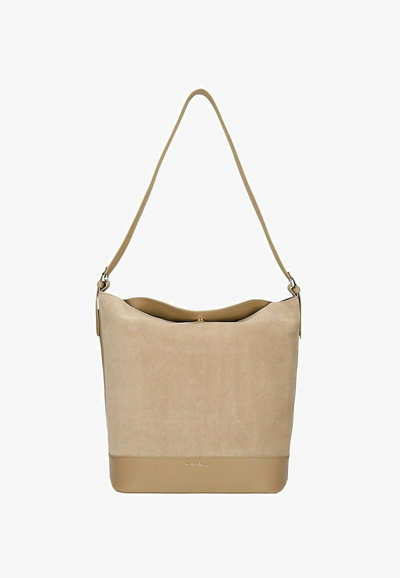 Sac seau en daim et cuir beige avec une seule bandoulière et un petit logo métallique au centre en bas.
