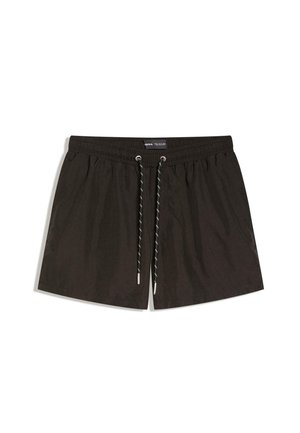 Short de bain pour hommes noir avec taille élastique et cordon de serrage noir et blanc, devant plat et coupe décontractée.