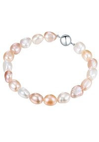 Pulsera de perlas que presenta perlas de formas irregulares ylustrosas en tonos de rosa y blanco, con un cierre de plata y una textura suave.