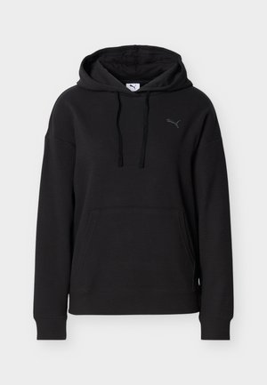 Μαύρο μακρυμάνικο φούτερ με κουκούλα, μπροστινή τσέπη καγκουρό, ρυθμιζόμενη κουκούλα με κορδόνι και μικρό λογότυπο Puma στο στήθος.