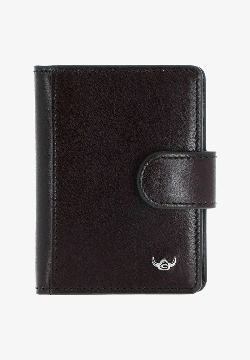 Portefeuille en cuir marron foncé avec bords cousus et fermeture à pression, avec un petit emblème argenté en bas à droite.