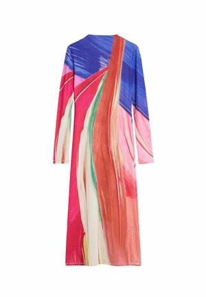 Jurk met lange mouwen, uitgevoerd in een levendig, multikleurig abstract patroon met rood, blauw, roze en groene tinten op een gladde stof.