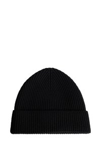 Svart stickad mössa med ribbad struktur, har en vikbar muddband, ger en snug passform, tillverkad av mjukt och elastiskt material.