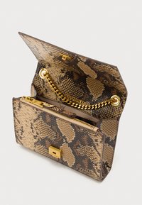 Braune und goldene Clutch-Handtasche aus Schlangenhaut mit goldener Kette als Trageriemen, Reißverschlussfach und einem goldfarbenen Verschluss aus Metall. Das Innenfutter zeigt eine strukturierte Auskleidung.