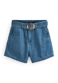 Denim shorts with a high waist, featuring a wide belt loop and a round, brown buckle. Two side pockets and a regular hem finish.