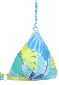 Top bikini a triangolo con un vivace motivo floreale blu e verde. Presenta spalline regolabili e un dettaglio in anello metallico alla base.
