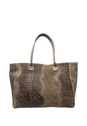 Grande borsa tote taupe con motivo in pelle di coccodrillo testurizzata e manici lisci.