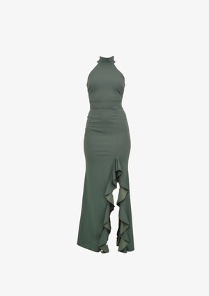Eng anliegendes grünes Kleid mit hohem Ausschnitt, seitlichen Rüschendetails und langer Silhouette, aus glattem, elastischem Stoff gefertigt.