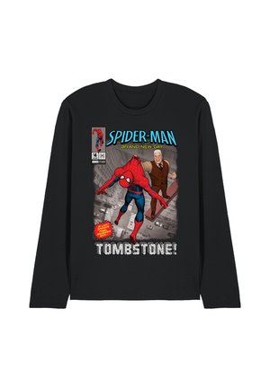 Schwarzes Langarmshirt mit Spider-Man Comic-Cover, das Spider-Man zeigt, wie er von Tombstone über einer Stadtstraße festgehalten wird, der Text lautet "Tombstone!" und "Brand New Day."