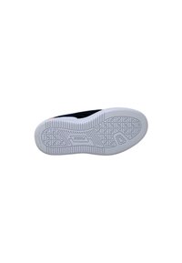 Sole di scarpa nera con suola in gomma bianca. Superficie texturizzata con un motivo a griglia per la trazione. Design del materiale leggero e flessibile.
