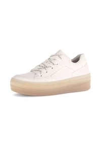 Witte leren sneakers met een ronde neus, gestructureerde grijze veters en een doorschijnende beige zool, met minimalistische designelementen.