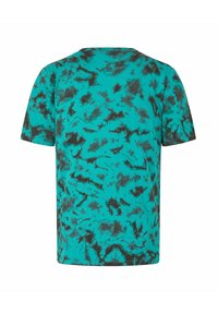 Turkusowa bawełniana koszulka z czarnym wzorem tie-dye, luźny krój, krótkie rękawy i okrągły dekolt. Wyświetlony widok z tyłu.