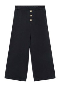 Črne široke hlače s visokim pasom, spredaj z zapiranjem na tri gumbe in gladko bombažno teksturo. Imajo čist, minimalističen dizajn.