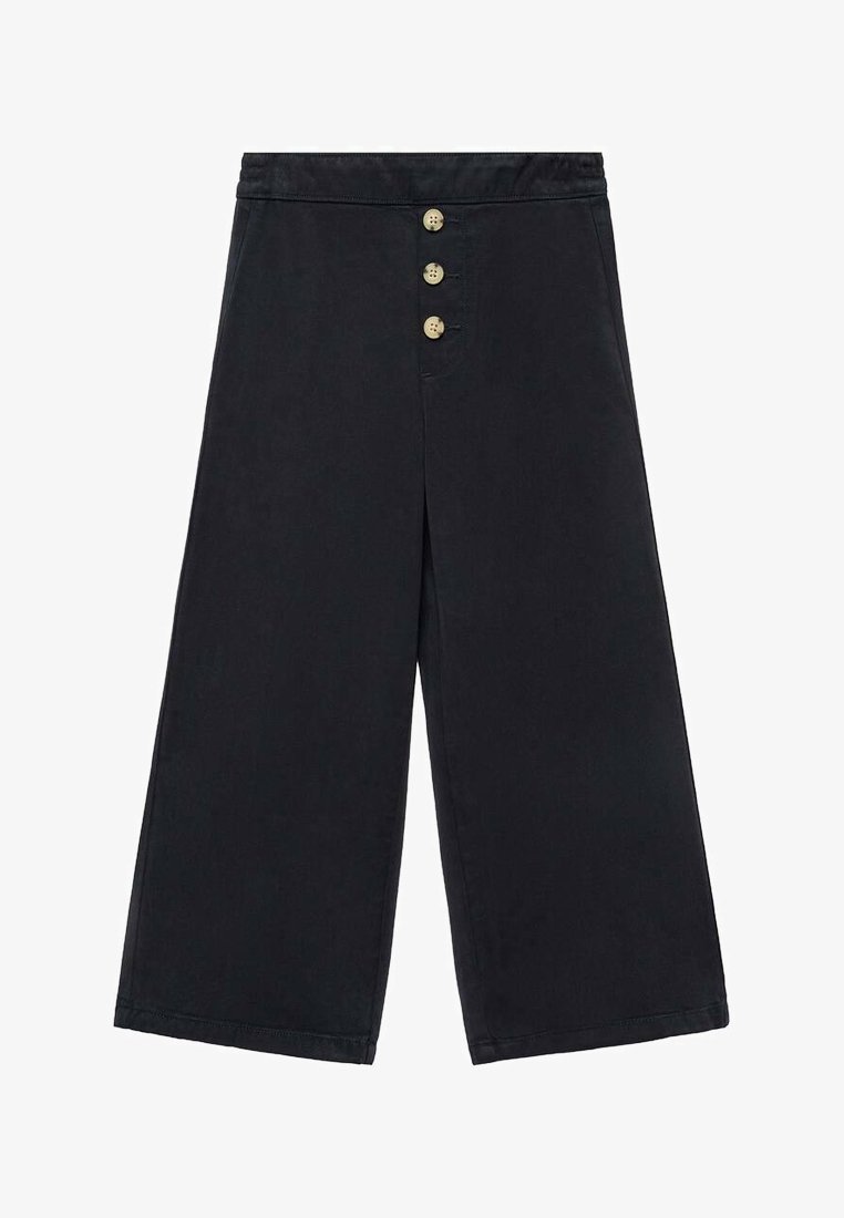 Črne široke hlače s visokim pasom, spredaj z zapiranjem na tri gumbe in gladko bombažno teksturo. Imajo čist, minimalističen dizajn.