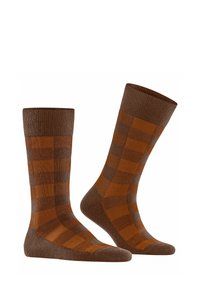 Calze marroni con una parte superiore ribattuta e strutturata, e un motivo a scacchi in diverse tonalità di marrone e arancione, con tallone e punte rinforzati.