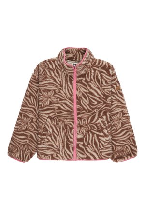 Veste en polaire à motif floral marron et beige avec zip et finitions roses, col montant et manches longues.