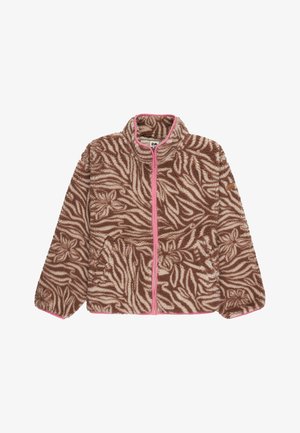 Veste en polaire à motif floral marron et beige avec zip et finitions roses, col montant et manches longues.