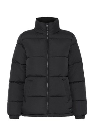 Musternine musta puffer jope kõrge kraega, horisontaalselt tikkitud polsterdamine, esine tõmblukk ja küljetaskud; sile tekstuur.