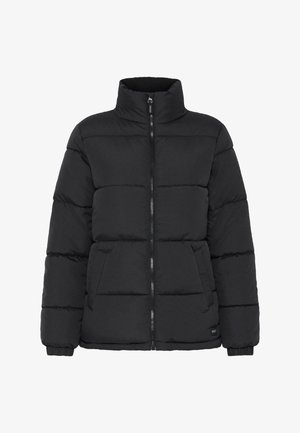 Musternine musta puffer jope kõrge kraega, horisontaalselt tikkitud polsterdamine, esine tõmblukk ja küljetaskud; sile tekstuur.