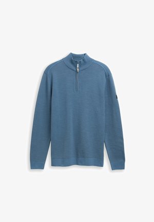 Blauwe, textuurgegeven pullover trui met een hoge kraag en halve rits. Heeft ribgebreide manchetten en onderrand, met een logo-accent op de mouw.