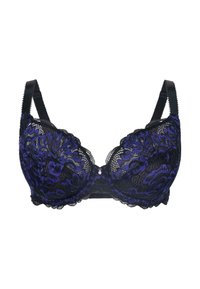 Černá a fialová krajková podprsenka s květinovým vzorem, vycpanými košíčky, nastavitelnými ramínky a vlnitými okraji, s malým dekorativním šperkem ve středu.