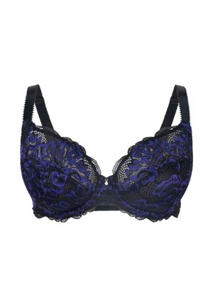 Black and purple lace bra with floral pattern, padded cups, adjustable straps, and scalloped edges, featuring a small decorative charm at the center.