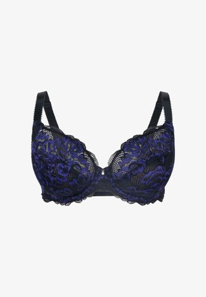 Schwarzer und lila Spitzen-BH mit floralem Muster, gepolsterten Cups, verstellbaren Trägern und gewellten Kanten, ausgestattet mit einem kleinen dekorativen Anhänger in der Mitte.