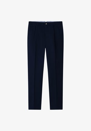 Op maat gemaakte marineblauwe broek met plooien aan de voorkant, zijzakken, riemlussen en een knoopsluiting in de tailleband.