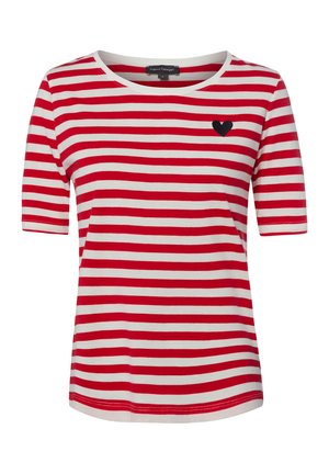 Red and white horizontal striped short-sleeve shirt with a small black heart embroidered on the left chest.