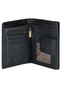 Zwarte leren portemonnee met meerdere kaartsleeves, een ritscompartiment en een doorzichtige ID-venster. Beschikt over reliëfbranding en RFID-bescherming.
