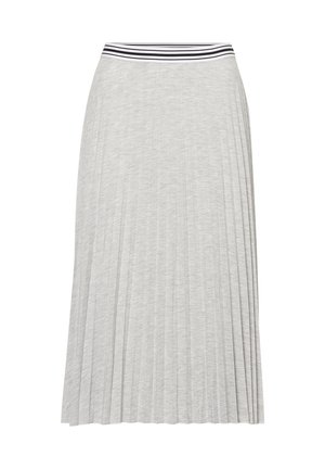 Jupe plissée gris clair avec une ceinture élastique rayée noire et blanche, présentée sur fond blanc.