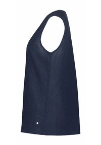Marinblå linne-tanktopp med djup rundad halsringning och breda armhålkar. Har en subtil textur och en liten logotypdetalj nära fållen.