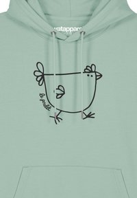 Mintgroene hoodie van een katoenmix, met een zwarte kipgrafiek en de tekst "le poulet". Voorzien van trekkoorden en een frontzak.