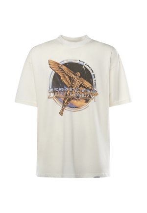 Maglietta grafica in tessuto color avorio con un motivo centrale raffigurante una figura alata, accenti circolari e testo con la scritta "THE DREAM ON TOUR."