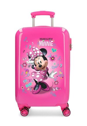 Valigia per bambini di un vivace rosa con Minnie Mouse in abito a pois e fiocco, circondata da note musicali colorate e fiori.