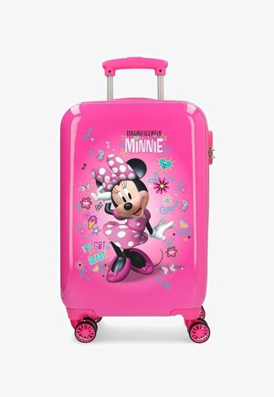 Valigia per bambini di un vivace rosa con Minnie Mouse in abito a pois e fiocco, circondata da note musicali colorate e fiori.