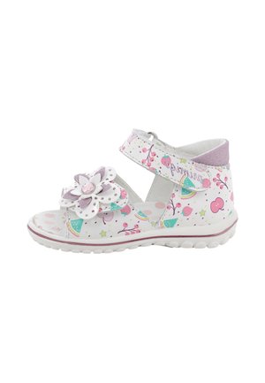 Sandalo bianco per bambino piccolo con stampa floreale e fruttata, dettagli rosa, cinturino in Velcro e fiore decorativo con gemma rosa sul davanti.