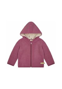 Giacca con cappuccio rosa realizzata in un morbido tessuto testurizzato con zip frontale. Foderata con un interno a fantasia che presenta piccoli disegni di animali.