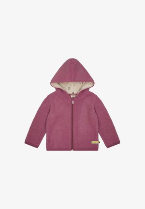 Giacca con cappuccio rosa realizzata in un morbido tessuto testurizzato con zip frontale. Foderata con un interno a fantasia che presenta piccoli disegni di animali.