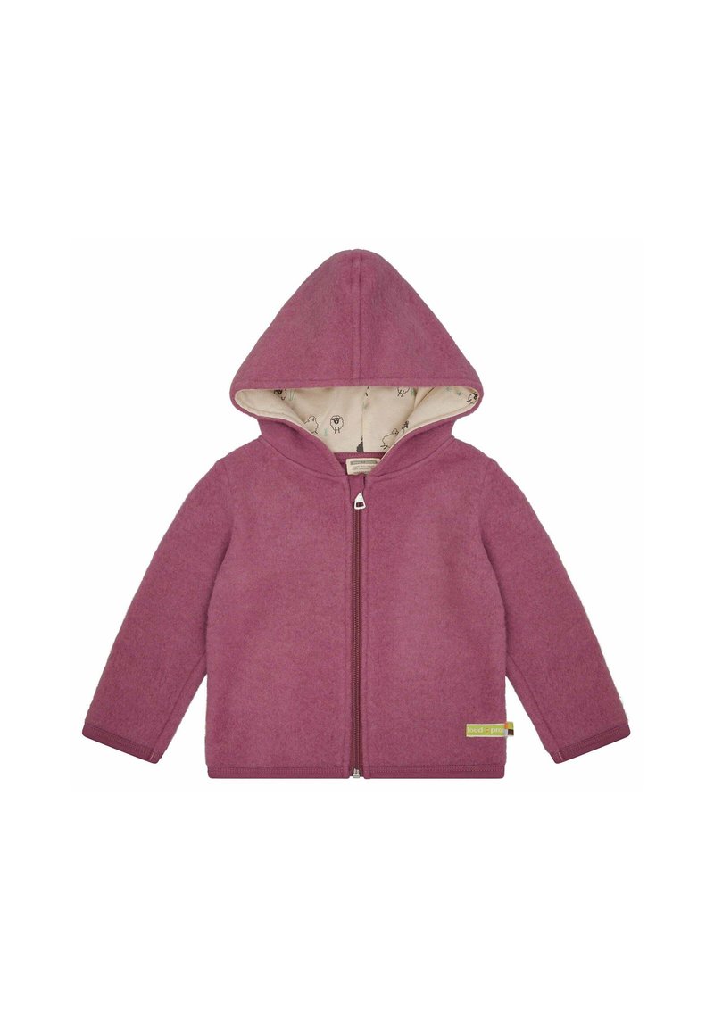 Giacca con cappuccio rosa realizzata in un morbido tessuto testurizzato con zip frontale. Foderata con un interno a fantasia che presenta piccoli disegni di animali.