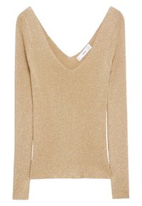 Top doré à manches longues avec un décolleté en V profond et une texture côtelée, présentant un léger scintillement. Fabriqué dans un matériau doux et flexible.