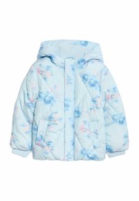 Puchowa kurtka w jasnoniebieskim kolorze z wzorem tie-dye w różowym i ciemnoniebieskim odcieniu, z kapturem i dwoma frontowymi kieszeniami z zapięciem na zatrzaski.