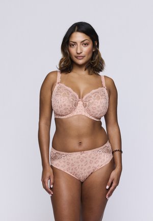 Leopard print lingerie set in soft pink. Bra features lace trim and adjustable straps, while panties have lace accents at the waistband.